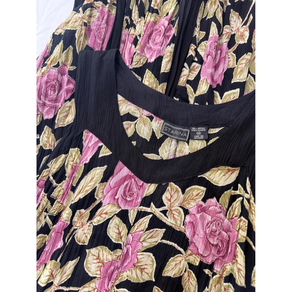 Vintage 90s Y2K Starina Floral Pleated Maxi Dress Black Pink Rose Romantic Med - Picture 7 of 10